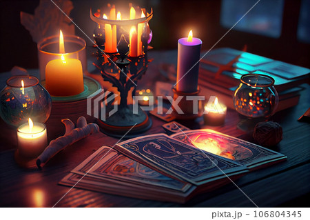 Extreme close-up macro shot of The Magician tarot card with shallow depth of field. 106804345