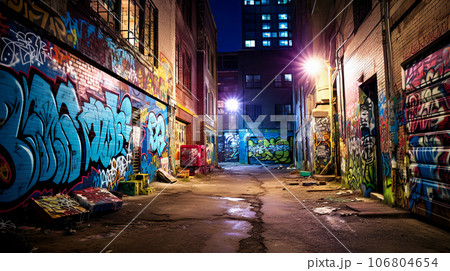 グラフィティだらけの夜の路地裏「AI生成画像」のイラスト素材