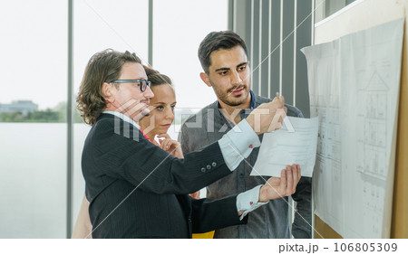Engineer team is meeting to inspect the construction blueprint drawings, work plan and distribute work before starting the building 106805309