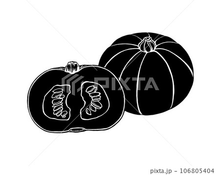並んだ西洋かぼちゃ(丸ごとと半分に切ったもの)のシンプルなシルエットイラスト 並んだ西洋かぼちゃ(丸ごとと半分に切ったもの)のシンプルなシルエットイラスト 106805404