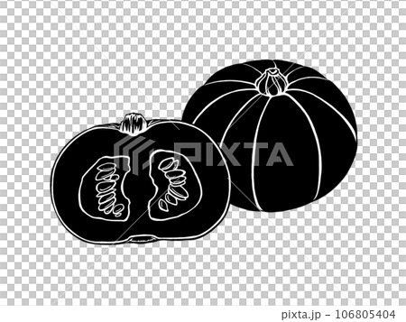 並んだ西洋かぼちゃ(丸ごとと半分に切ったもの)のシンプルなシルエットイラスト 並んだ西洋かぼちゃ(丸ごとと半分に切ったもの)のシンプルなシルエットイラスト 106805404