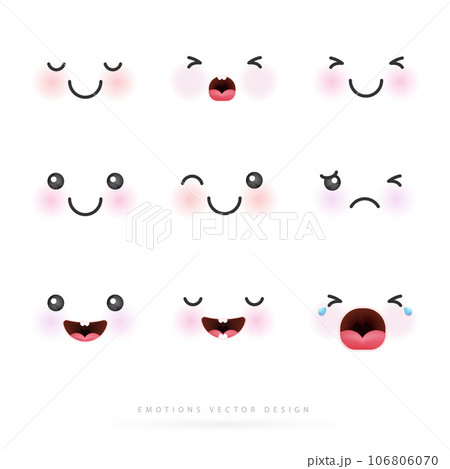 Cartoon emotions cute faces. eyes and mouths japanese emoticon in in different expressions. expression anime character and different emotion mood, happy, sad, smile face. comic line art vector design. 106806070