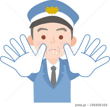 働く人_車両誘導員_施設警備員_制帽を被ったシニア男性_両手を前にして制止するポーズ_上半身 106806169