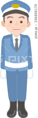 働く人_車両誘導員_施設警備員_制帽を被ったシニア男性_真顔で正面を向く_全身 106806170