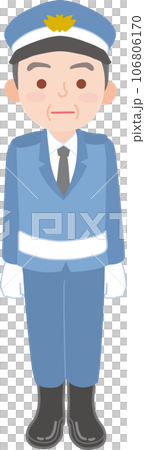 働く人_車両誘導員_施設警備員_制帽を被ったシニア男性_真顔で正面を向く_全身 106806170
