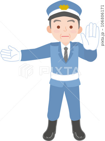 働く人_車両誘導員_施設警備員_制帽を被ったシニア男性_左側の手を水平にあげる_正面に掌を見せ制止 106806171