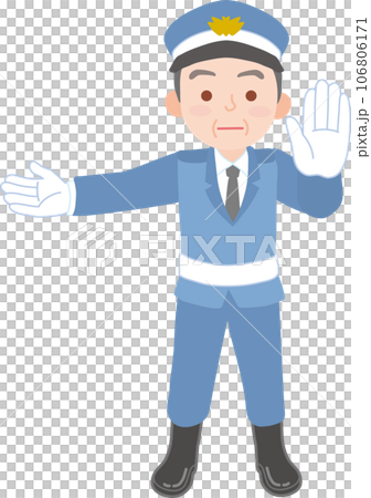 働く人_車両誘導員_施設警備員_制帽を被ったシニア男性_左側の手を水平にあげる_正面に掌を見せ制止 106806171
