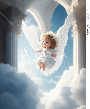 天界にいる子供天使のイラスト アート（AI生成画像）のイラスト素材