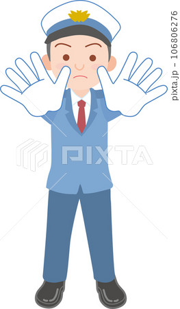 働く人_車両誘導員_施設警備員_白い制帽を被った男性_両手を前にして制止するポーズ_全身 106806276