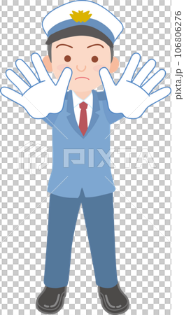働く人_車両誘導員_施設警備員_白い制帽を被った男性_両手を前にして制止するポーズ_全身 106806276