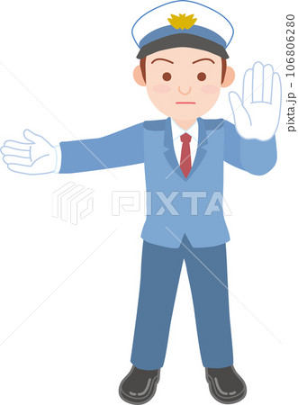 働く人_車両誘導員_施設警備員_白い制帽を被った男性_左側の手を水平にあげる_正面に掌を見せ制止 106806280
