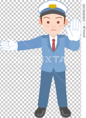 働く人_車両誘導員_施設警備員_白い制帽を被った男性_左側の手を水平にあげる_正面に掌を見せ制止 106806280