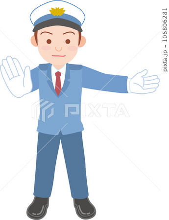 働く人_車両誘導員_施設警備員_白い制帽を被った男性_右側の手を水平にあげる_正面に掌を見せ制止 106806281