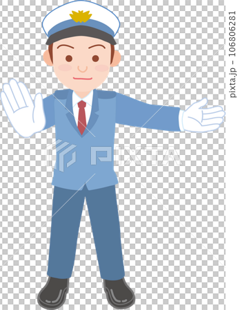 働く人_車両誘導員_施設警備員_白い制帽を被った男性_右側の手を水平にあげる_正面に掌を見せ制止 106806281