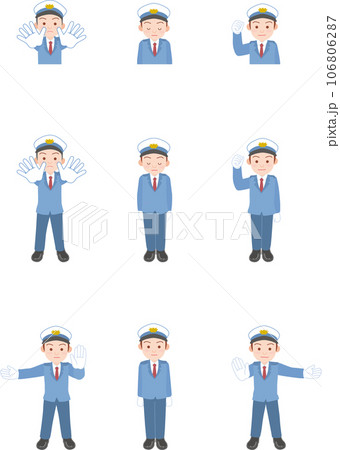 働く人_車両誘導員_施設警備員_白い制帽を被った男性_誘導ポーズセット 106806287