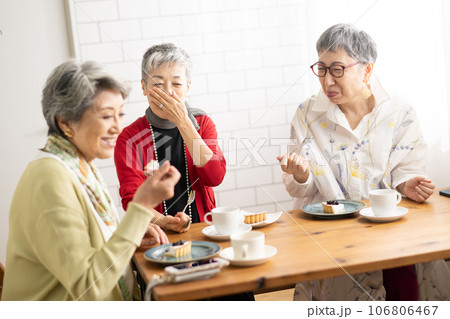 カフェでお茶をするシニア仲間 カフェでお茶をするシニア仲間 106806467