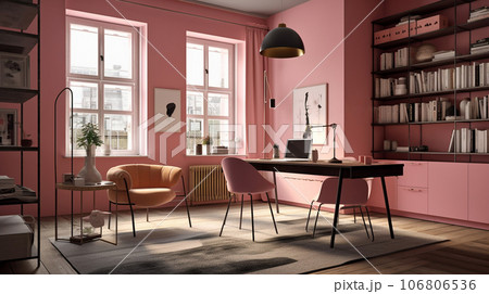 ピンク色の内装の書斎　インテリアイメージ　AIイラスト 106806536