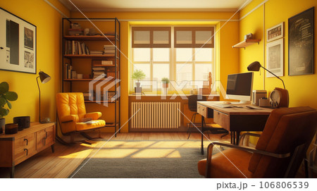 黄色の内装の書斎　インテリアイメージ　AIイラスト 106806539