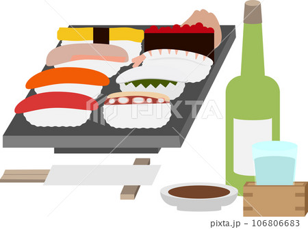 お寿司と日本酒のイラスト お寿司と日本酒のイラスト 106806683
