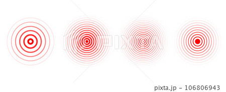 Red concentric ripple circles set. Sonar or sound wave rings collection. Epicentre, target, radar icon concept. Radial signal or vibration elements. Halftone vector illustration 106806943