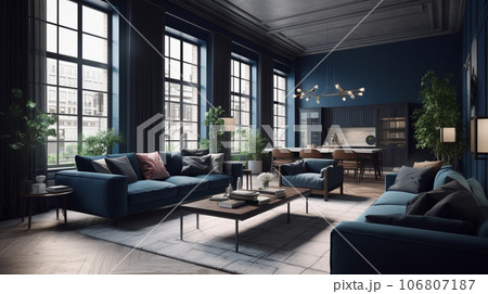 青い内装のリビングルーム　インテリアイメージ　AIイラスト 106807187