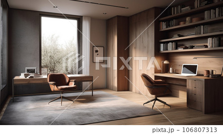 茶色の内装の書斎　インテリアイメージ　AIイラスト 106807313