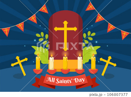 All Saints Day Vector Illustration on 1st November with for the All Souls Remembrance Celebration with Candles in Flat Cartoon Background Design 106807377