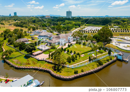 Aerial view of Astana palace in Kuching city, Sarawak, Borneo island, Malaysia 106807773