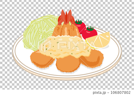 皿に乗ったタルタルソースがかかったエビフライ 106807802