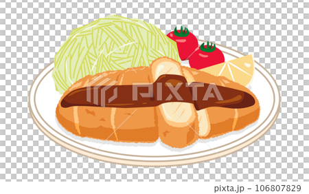 皿に乗ったソースがかかったトンカツ 106807829