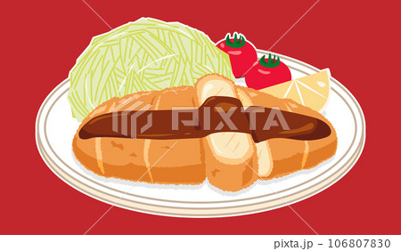 皿に乗ったソースがかかったトンカツ　白フチあり 106807830