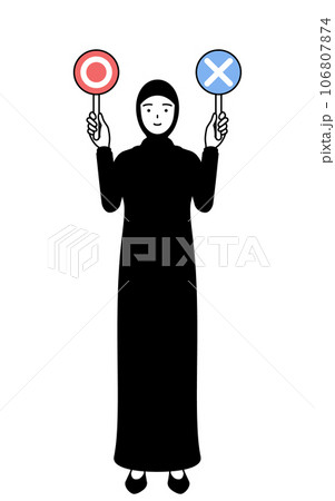 正解と不正解を示す棒を持つイスラムの女性 106807874