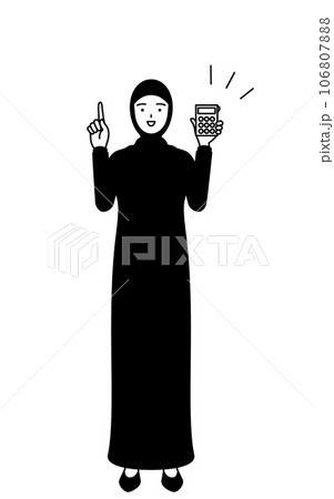 電卓を持って指さすイスラムの女性 106807888