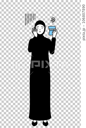 穆斯林婦女看著她的銀行存摺感到沮喪 穆斯林婦女看著她的銀行存摺感到沮喪 106807890