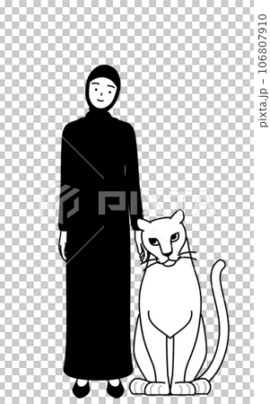 伊斯蘭婦女撫摸她的寵物母獅 伊斯蘭婦女撫摸她的寵物母獅 106807910