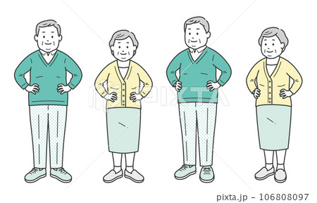 腰に手を当てて自信を見せる高齢者小太り男女 腰に手を当てて自信を見せる高齢者小太り男女 106808097