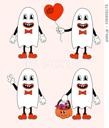 Retro set 70s 60s 80s Hippie Groovy Halloween Ghosts cute boys. Hold heart balloon. Show the peace sign. Brought pumpkin with sweets. Vector flat illustration. 106808278
