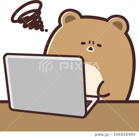 パソコンの前で頭を悩ませるかわいいクマ 106808900