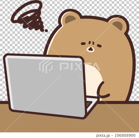 パソコンの前で頭を悩ませるかわいいクマ 106808900