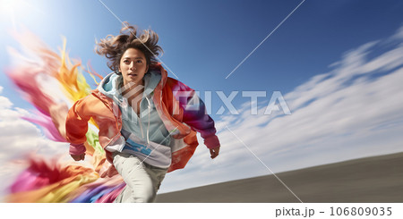 走るLGBTQイメージ。青空を背景に虹色のストリートファッション。生成AI 走るLGBTQイメージ。青空を背景に虹色のストリートファッション。生成AI 106809035