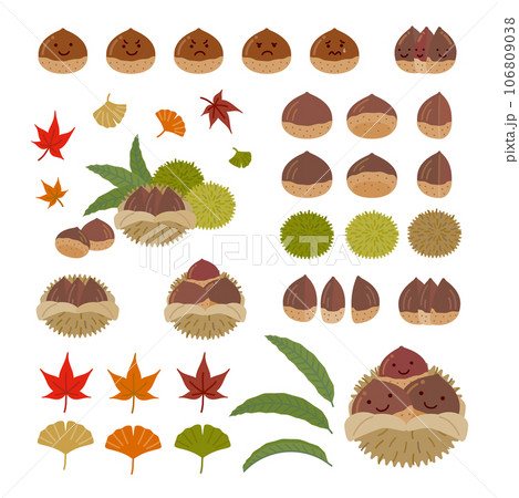 食べ物アイコンセット（秋）：シンプルでかわいい栗・もみじ・イチョウ 106809038