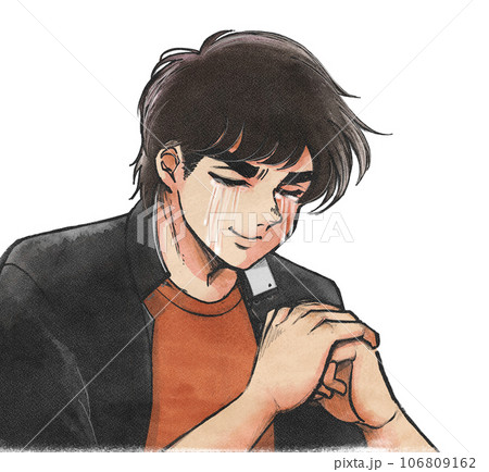 1970年代劇画風・拳を握って男泣きするハンサムな学生のイラスト 106809162