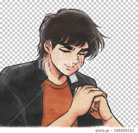 1970年代劇画風・拳を握って男泣きするハンサムな学生のイラスト 106809162