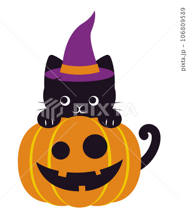 ハロウィンのかぼちゃと魔女の帽子をかぶった黒猫のイラストのイラスト