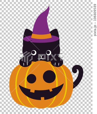 ハロウィンのかぼちゃと魔女の帽子をかぶった黒猫のイラストのイラスト