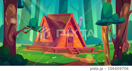 Wooden cabin in forest, cartoon woodland landscape 106809706