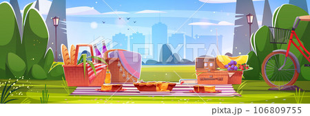 City park picnic with food in basket illustration 106809755