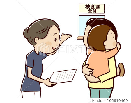 検査室受付を案内する看護師さん 106810469