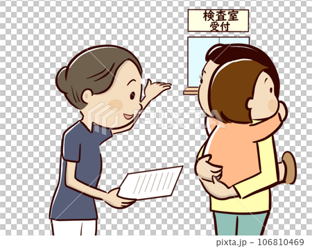 検査室受付を案内する看護師さん 106810469