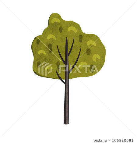 Cute cartoon deciduous tree in scandinavian style.. Bright stylized wonderland forest. Bushe, birch, poplar, aspen with green foliage. Hand drawn digital illustration for kids, baby, nursery, card 106810691